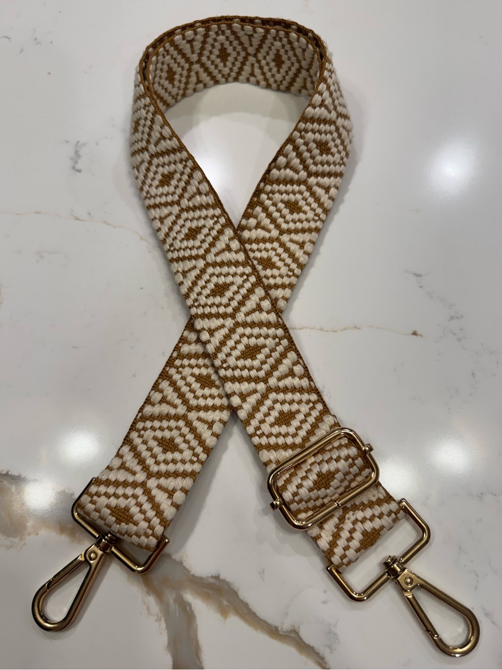 Boho Woven Adjustable Bag Strap Tan Cream Geometric Gold Hardware 1.5”